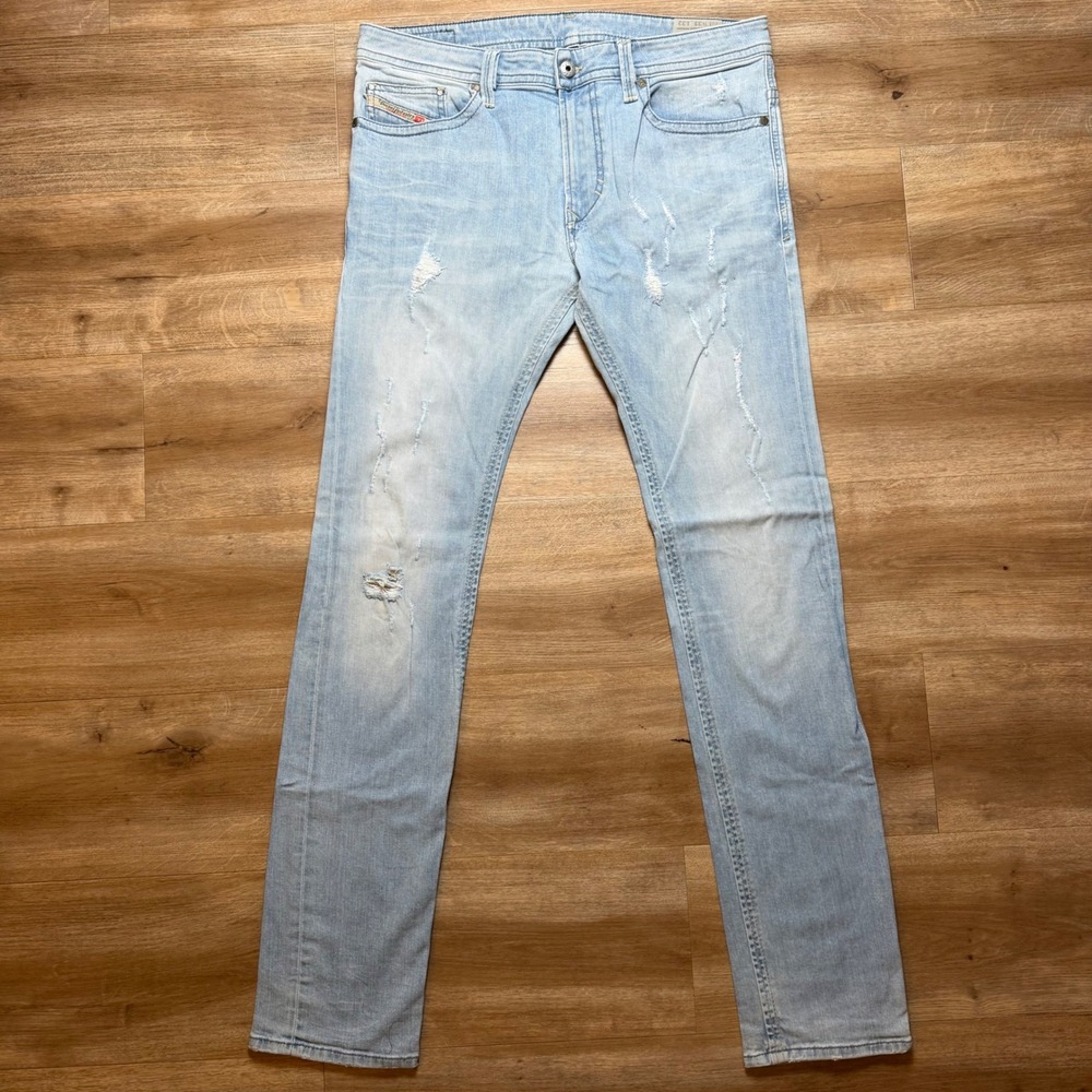 Diesel Thavar Jeans Mens 33x32 Light Blue Slim Skinny Stretch Distressed 0849E